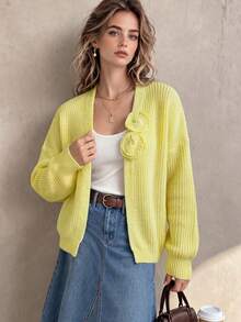 Women's V-Neck 3D Floral Decor Knitted Cardigan, Loose Drop Shoulder Long Sleeve Front Open Sweater - Yellow - View 2