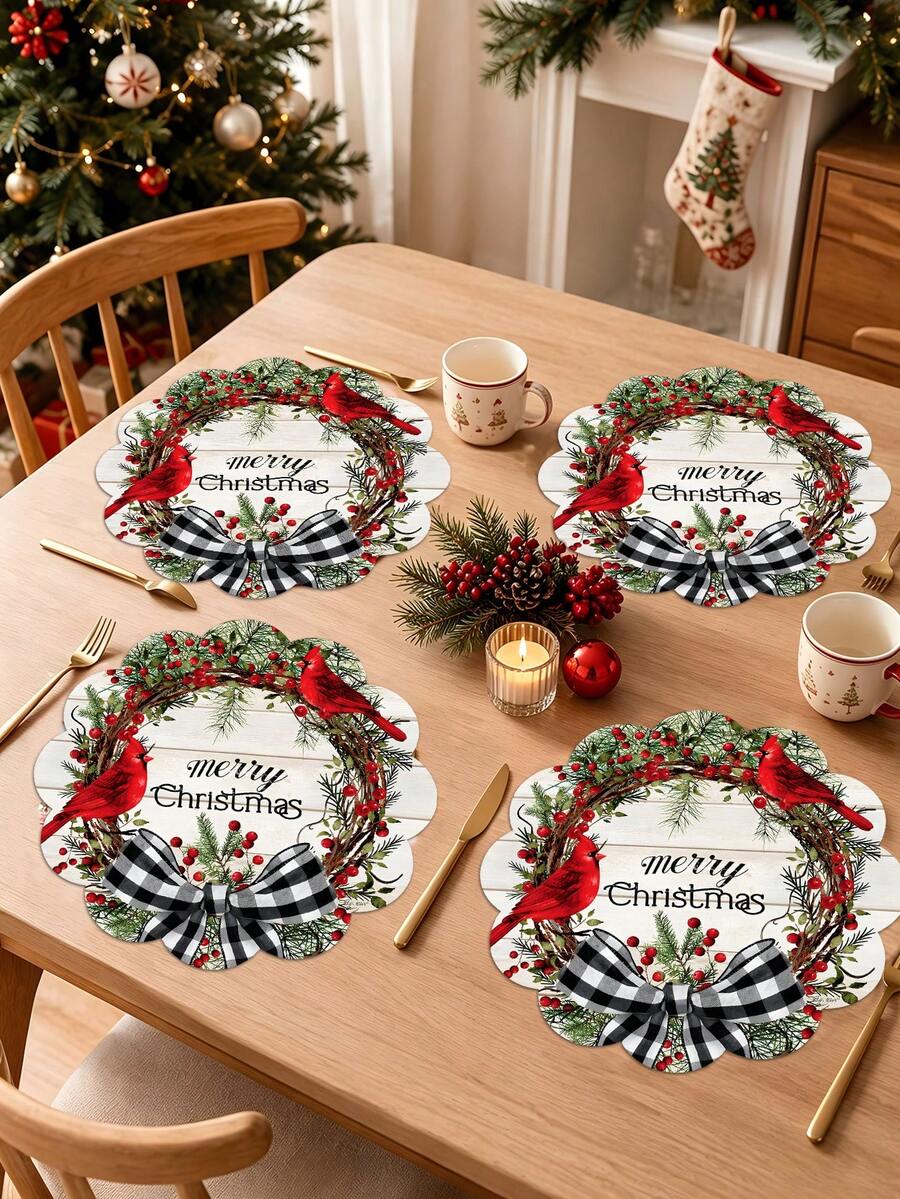 2/4/600pcs Christmas Party Flower-Shaped Placemats - Christmas Wreath, Cardinal, Black & White Plaid Bow, Berry; 13.78 Inch Linen Material; Tabletop Decor Anti-Slip, Heat-Resistant And Machine Washable - Multicolor - View 1