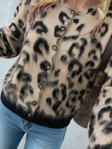 Women's Plush Leopard Print Cardigan, Autumn Long Sleeve Knit Button Sweater - Multicolor - View 8