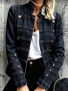 Holidaya Chaqueta de mujer con cuello alto estampado azul, cárdigan de estilo vintage de corte con botones metálicos de doble botonadura, cuello alto chino, manga larga - Negro - Ver 8