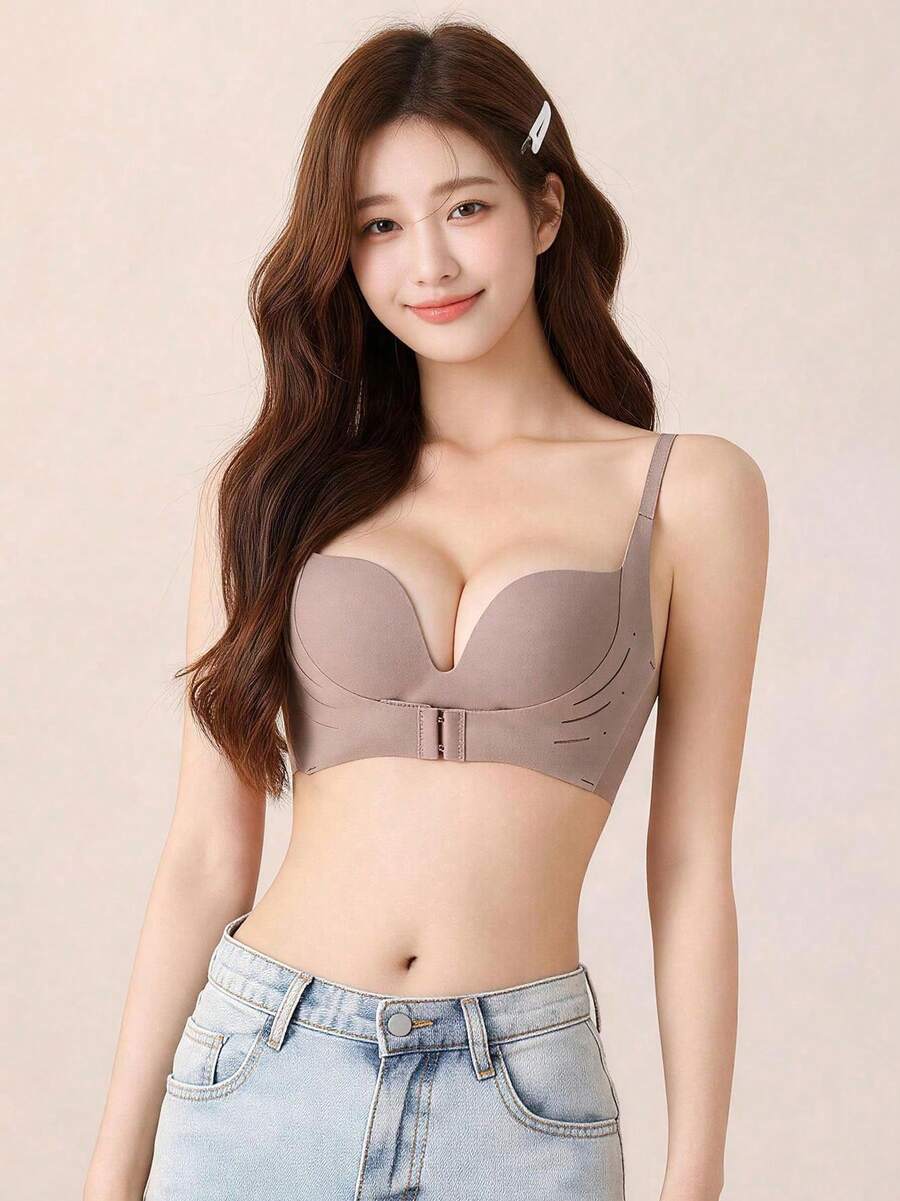 Elisvara 棕色前扣无钢圈加垫聚拢文胸,适合平胸女性 - 棕色 - 查看 1
