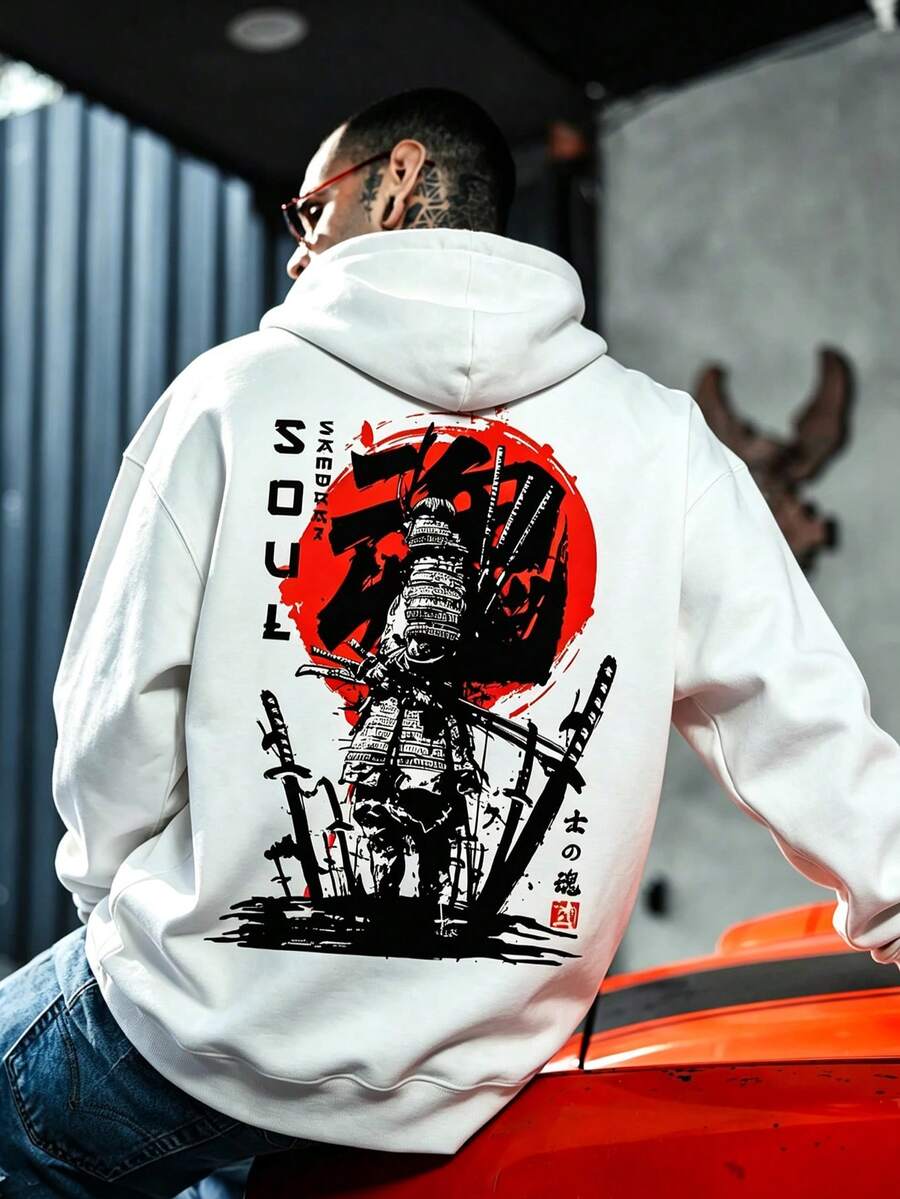 DOPE | هودي أبيض بكتف منسدل من الشارع العالي، طباعة خلفية بدائرة حمراء ساموراي يابانية، سويت شيرت فضفاض - أبيض - مشاهدة 1