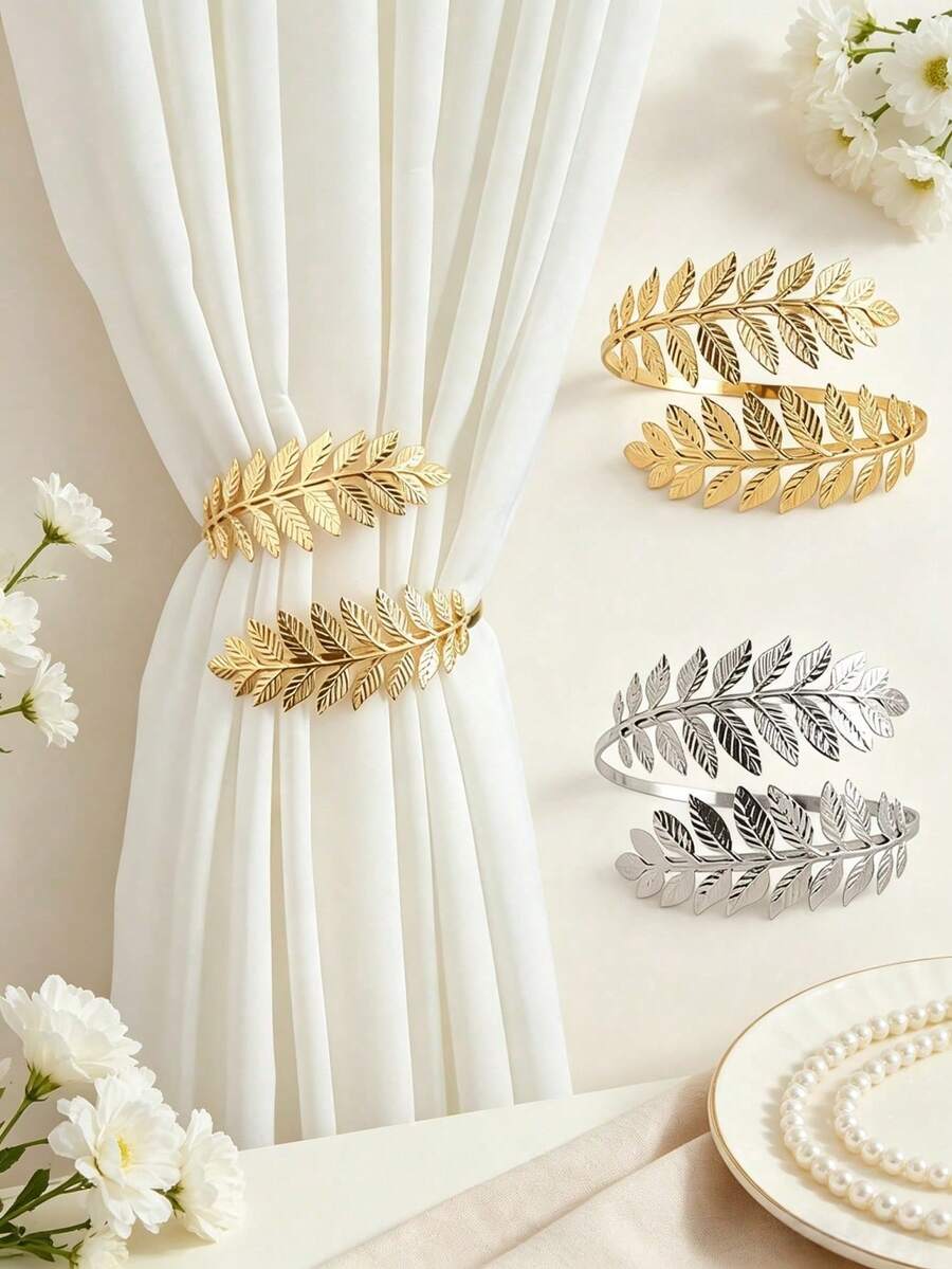 4pcs/2pcs/1pc Minimalist Luxury Metal Alloy Leaf Curtain Rings, With Creative Sheer Curtain Buckles, Ties And Bindings - Multicolor - View 1