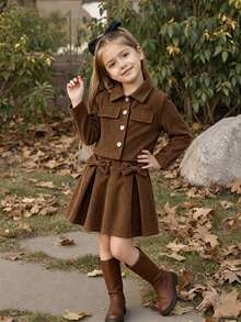 2pcs/Set Girls Toddler Casual Solid Color 3D Bow Soft Comfortable Woven Fabric Long Sleeve Jacket & Skirt Set, Suitable For Outdoor Wear, Autumn/Winter - Rust Brown - View 1