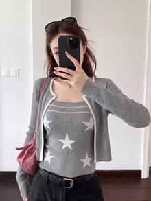 Korean Style Premium Grey Knit Cardigan + Star Print Spaghetti Strap Top Set, Women's Autumn/Winter Hot Girl Style Short Fitted Camisole 2 Pieces Set - Gray - View 5