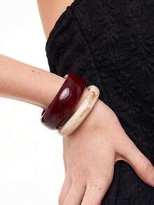 2pcs Burgundy And Beige Textured Wide Resin Bracelets, Fashion Vintage Stackable Daily Women's Bracelets - Burgundy + Off-white - View 3