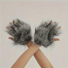 3pcs Set: Wolf Ear Headband + Plush Wolf Gloves + Tail, Handmade Faux Fur Costume For Halloween Party Role Play - Grey - View 13