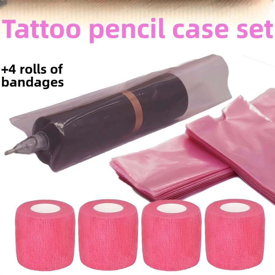 Tattoo Pen Sleeve Set, Includes 100 Pen Sleeves And 4 Elastic Bandage Handles, Suitable For Tattoo Accessories And Machine Sleeves - Multicolor - View 1