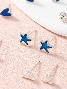 7 Pairs Women's Fashion Stud Earrings, Heart, Star, Moon, Small Wing Multi-Element Combination Earrings, Suitable For Daily Wear, Gatherings, Parties, Jewelry Holiday Gift - Multicolor - View 3