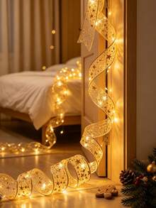 1pc 1/2/3/5/10M Christmas LED Ribbon Decorative Lights, Christmas Tree Decoration Props, Lighting, Gift Boxes, Decorative Silk Ribbon Light Strings, Christmas Home Decor, Indoor Decoration Night Lights, Bedroom Room Party Holiday Decor Light Strings - Gold - View 9