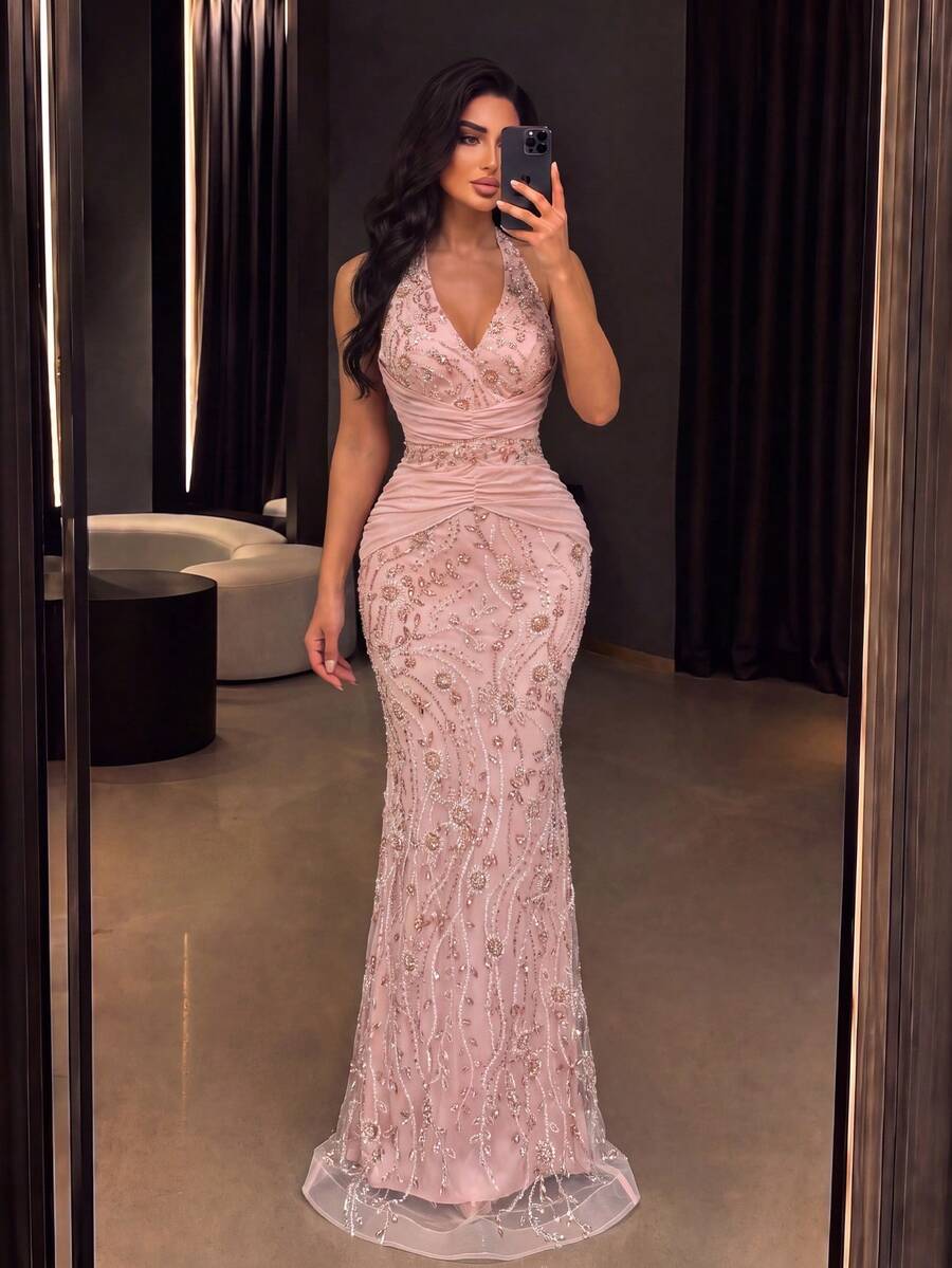 Elegant Halter Neck Long Evening Gown, Embellished With Beaded Lace Applique, Ruched Waist Design, Wedding Style - Champagne - View 1