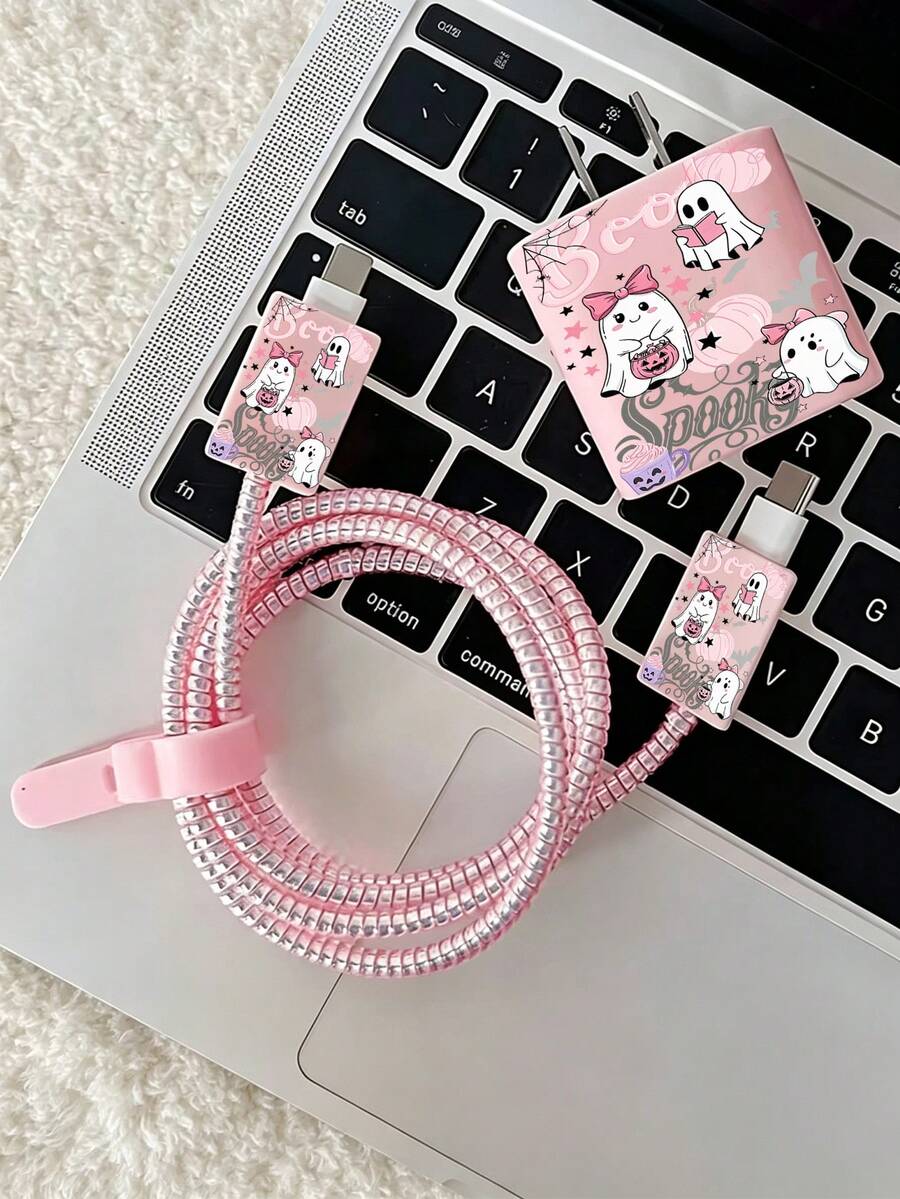 Pink Halloween Little Ghost Charger Protective Case + 1.4M Data Cable Protective Rope, Compatible With Apple 20W Charger, Minimalist Apple Charger Protective Shell, Suitable For 20W Phone 15/16 Pro Max Charging Cable Protector, Anti-Scratch, Anti-Bite, Compatible With 13/14 Plus/17/16PROMAX/18/18PROMAX Halloween Gift - Pink - View 1