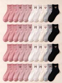 5/10/20 Pairs Random Color Mid-Calf Socks, Embroidered Pink Leopard Print Heart Bow, Cute Baby Girl Autumn/Winter Set Holiday Gift, Children School Party - Multicolor - View 5