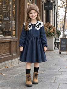 Autumn New Girls Toddler Imitation Denim Dress With Ruffled Collar, 3D Flower Bow, Long Sleeve, Sweet Versatile Loose Comfortable Breathable For School, Daily Wear And Outings - Blue - View 10