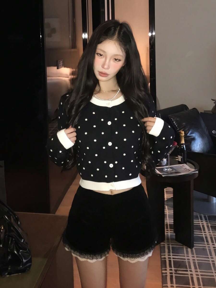 Women's Sweet Korean Style Thin Polka Dot Contrast Color Long Sleeve Round Neck Short Knit Cardigan, Winter - Black Background With White Dots - View 1