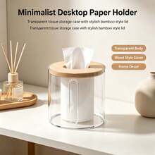 1pc Creative Round Tissue Box With Bamboo Lid, Minimalist Desktop Tissue Holder, Transparent Tissue Storage Box, Fashionable Living Room And Dining Room Desktop Organizer, Decorative Tissue Box, Practical Desktop Daily Tissue Storage Accessory - Multicolor - View 1