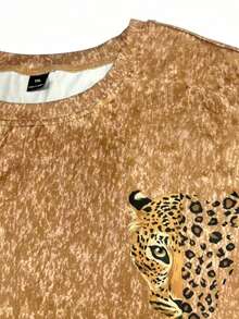 Summer Casual Loose Digital Print Leopard Pattern Women Plus Size Short Sleeve Fashion Leopard Print T-Shirt - Brown - View 5