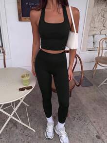 Women's Seamless Halter Neck Tank Top + High Waist Leggings 2pcs Set, Tummy Control & Butt Lift, Suitable For Yoga, Fitness, Workout And Daily Wear - Black - View 6