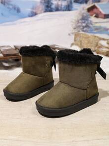 1 Pair Girls' Short Snow Boots, Faux Suede + Back Bow Decor, Round Toe ...
