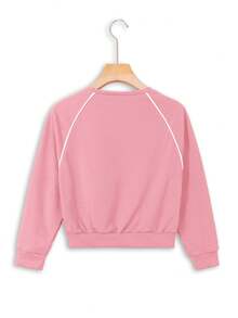 A Girls' Pink Color-Blocked Crewneck Sweatshirt, Printed With A Simple Pattern, Suitable For Cold Weather, Loose Long-Sleeve Pullover Top - Pink - View 3