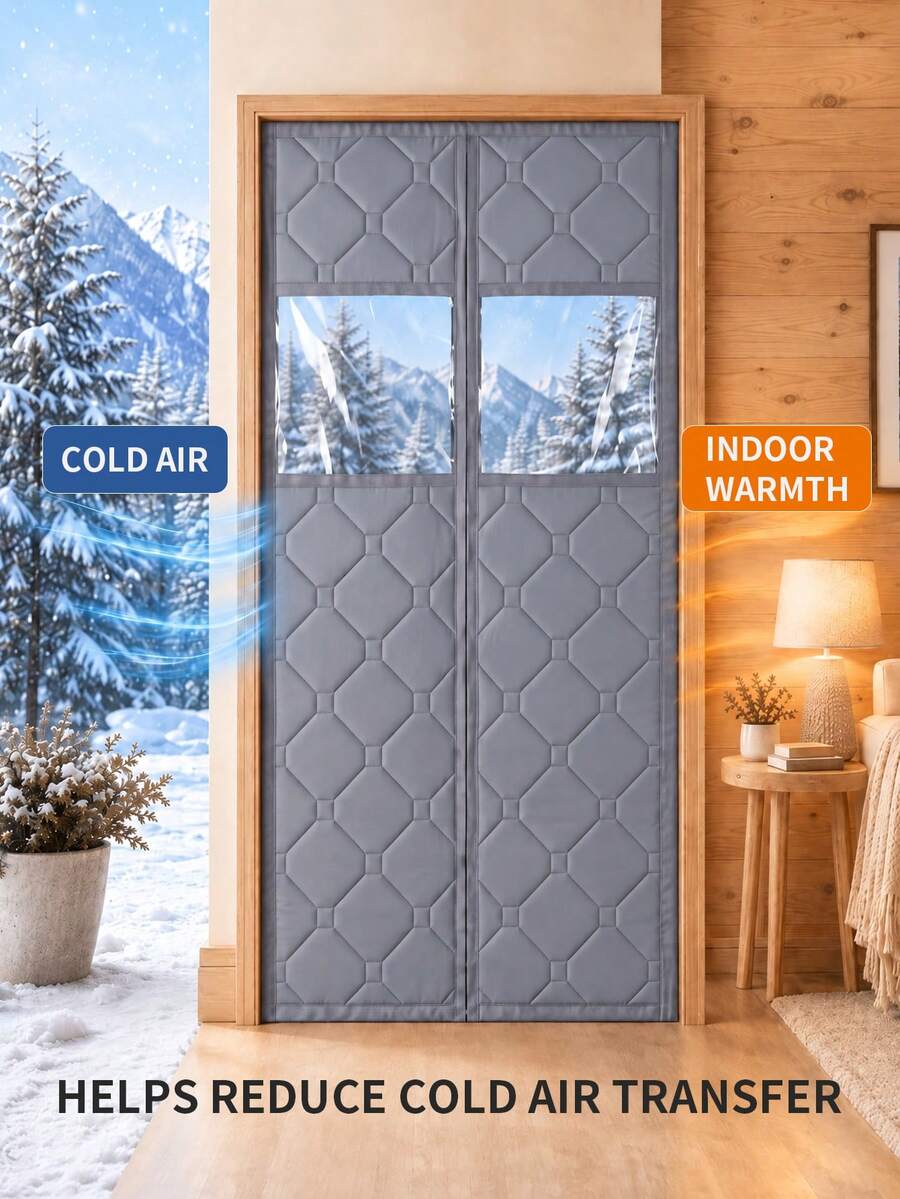 Magnetic Thermal Insulated Door Curtain With Visible Observation Window, Multi-Layer Insulation, Strong Magnetic Auto-Closing, No Drilling Required, Reduces Heat Loss, Suitable For Home, Basement, Commercial Store - Grey [with Viewing Window] - View 1