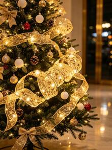 1pc 1/2/3/5/10M Christmas LED Ribbon Decorative Lights, Christmas Tree Decoration Props, Lighting, Gift Boxes, Decorative Silk Ribbon Light Strings, Christmas Home Decor, Indoor Decoration Night Lights, Bedroom Room Party Holiday Decor Light Strings - Gold - View 7