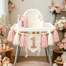 3pcs/Set Pink Birthday Decoration, Hanging Banner, Birthday Crown, Party Decoration, Photo Booth Backdrop - Pink Daisy - View 3