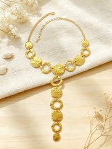 Kalung Dekoratif Berbentuk Y dengan Tekstur Palu, Gaya Bohemian Rustic, Liontin Cakram Berongga dengan Tekstur Palu - MultiWarna - View 2