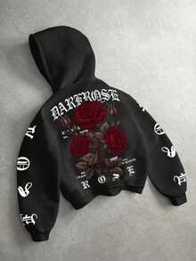 FRACTYR Men's Vintage Red Rose Gothic Letter Pattern Hoodie, Dark High Street Style Loose Casual Pullover - Black - View 7