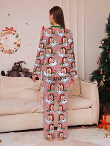 Women's 2 Pieces Christmas Pajama Set, Round Neck Santa Claus & Candy Cane All-Over Print Top, Red & White Striped Santa Claus All-Over Print Pants, Holiday Loungewear Set - Multicolor - View 4