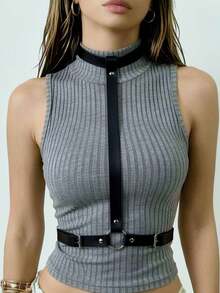 1pc Women Fashion Black Faux Leather Harness Belt Adjustbatle Chest Belt Half Body For Daily Parties - Black - View 11