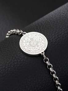 Retro Stylish Stainless Steel Bracelet For Men, Round Tag With Geometric Engraving, Daily Wear & Gift Jewelry - Silver - View 1
