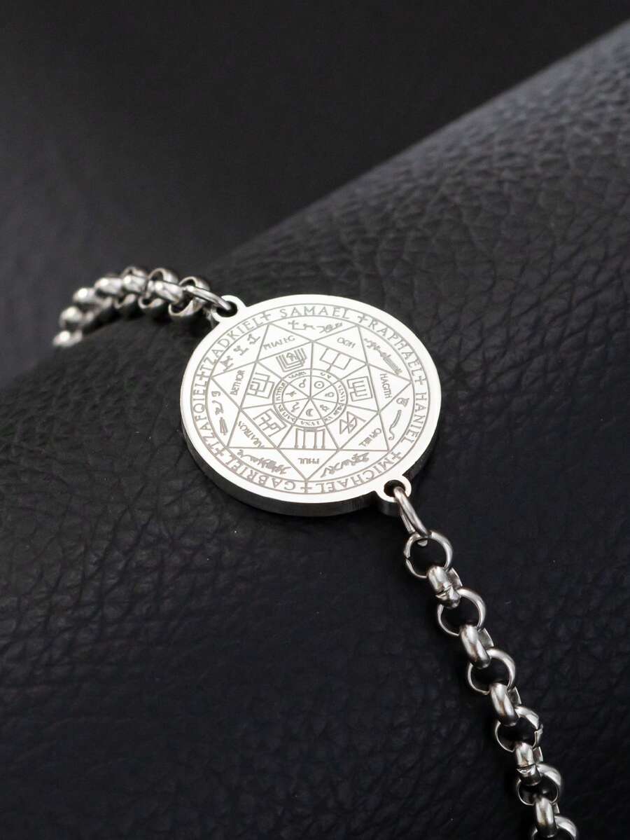 Retro Stylish Stainless Steel Bracelet For Men, Round Tag With Geometric Engraving, Daily Wear & Gift Jewelry - Silver - View 1