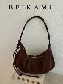 Women's Vintage Faux Suede Crescent Hobo Bag, Ruched Underarm Bag With Adjustable Drawstring Shoulder Strap, Casual Crossbody Bag - Coffee - View 2
