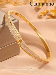 Camhanno 3/1pc Copper Material, Gold Inlaid Diamond Bracelet, Women's Light Luxury Bamboo Knot Twisted Pattern Design, High-End Feeling, Layered Bracelet - Gold - View 14
