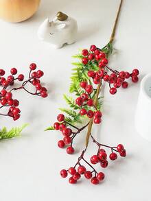 1pc Artificial Plants Long Stem Berry Branches Red Berry Stems Picks Christmas Tree Decorations Home Party Decor Table Centerpieces - Red - View 6