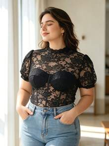 Plus Size Lace Petal Sleeve Jumpsuit, Stand Collar Sheer Waist-Cinching Jumpsuit - Black - View 4