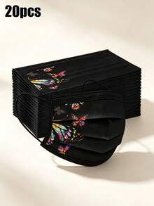20/30PCS Adult Colorful Butterfly Print Black Disposable Face Masks, 3-Ply Spunbond Non-Woven Fabric Skin-Friendly Breathable Protective Face Cover, Fashionable Personalized Print, Outdoor Travel Daily Dust-Proof Sun Protection - Multicolor - View 10