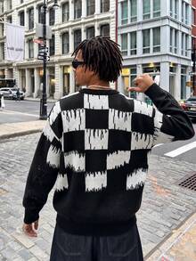 ANDREILEE Checkered Pattern Streetwear Unisex Sweater, Suitable For Autumn And Winter - الأسود - مشاهدة 4