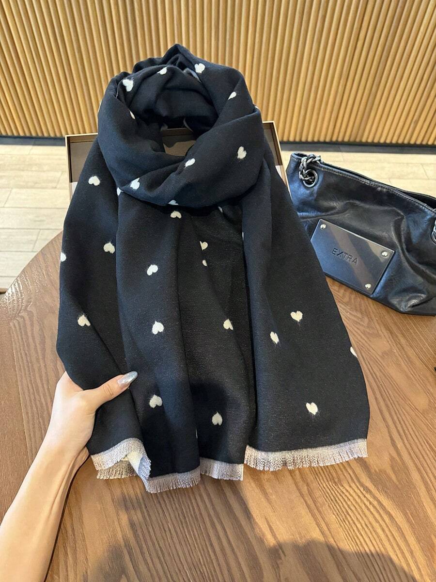 1件裝愛心圖案黑色女款冬季保暖多功能披肩,雙用途,適用冷氣房與辦公室,長款加厚圍脖披肩 - 黑色 - 查看 1