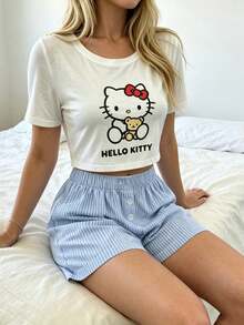SANRIO 2pcs Women's Stitch Print Round Neck Short Sleeve Top + Straight Leg Elastic Waist Shorts Loungewear Set - Blue - View 4