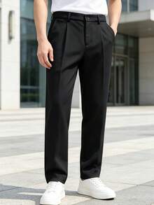 Men's Pants, Men's Casual Pants, With Pleated Design, Pure Black Loose Straight Leg Pants, Business Formal Pants, Suitable For Daily Wear - Black - View 7
