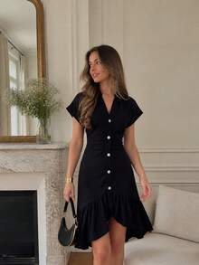 2026 Summer New Women's Short Sleeve V-Neck Slim Fit Midi Dress - Black - View 2