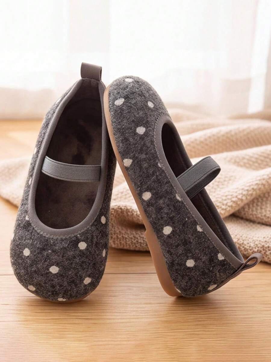 Girls Polka Dot Wool Fleece Lined House Slippers Winter Warm Soft Non-Slip Indoor Toe-Cover Slippers - Dark Grey - View 1