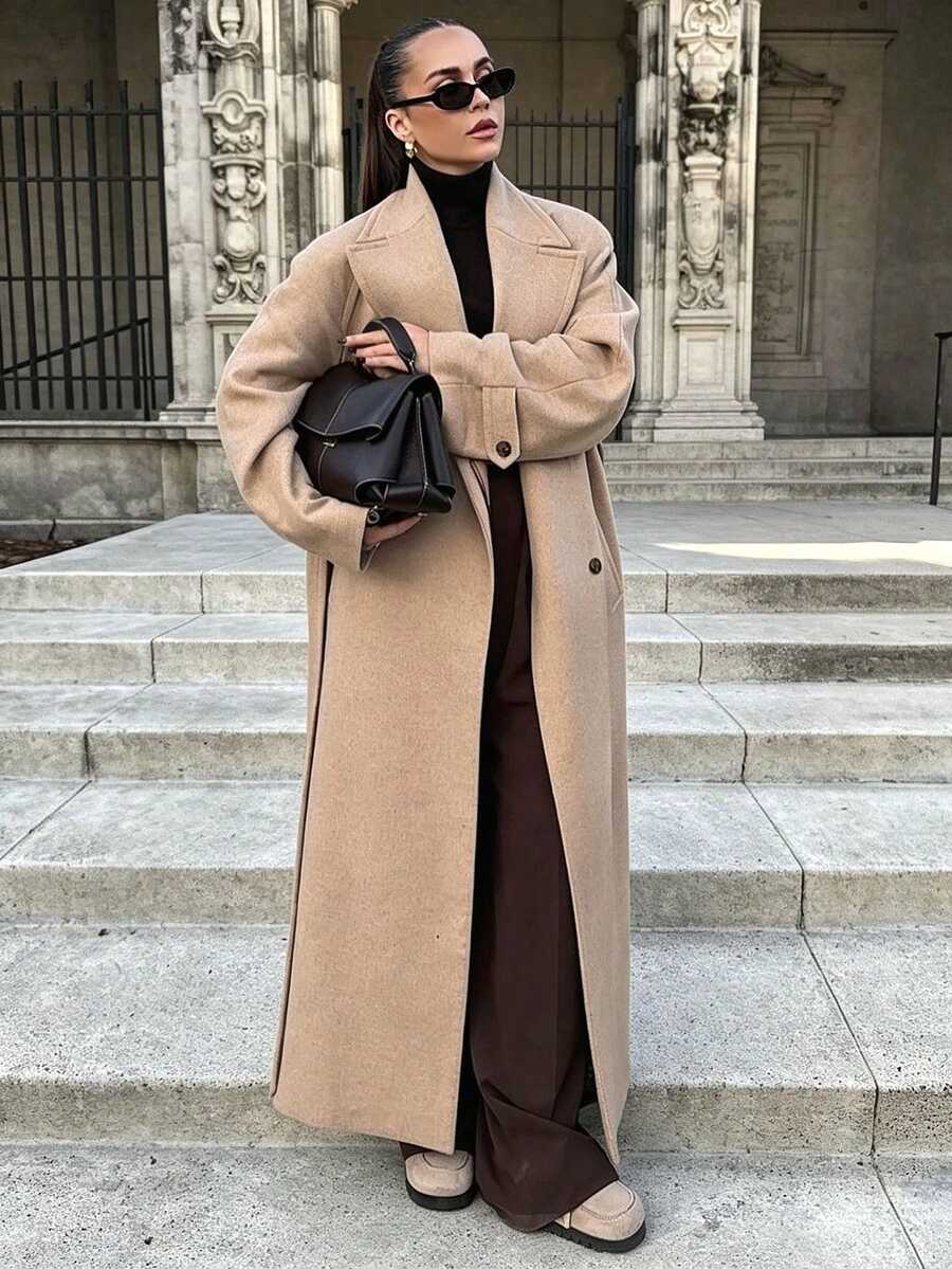 Mantel Panjang Musim Gugur/Dingin dengan Sabuk, Jaket Campuran Wol Dua Warna untuk Pemakaian Sehari-hari, Kantor, dan Bandara - Khaki - View 1