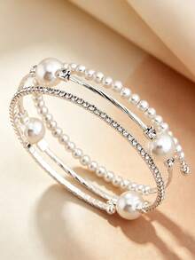NAIZHU 1pc Children's Fashion Sweet Adjustable Faux Pearl Rhinestone Multi-Layer Bracelet, Suitable For Daily Wear, Party, Gift - Silver - View 2