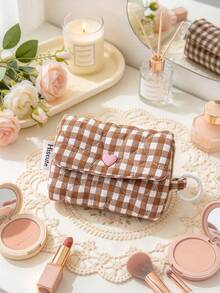 1pc Sweet Plaid Earphone Storage Pouch Heart Quilted Lipstick Bag Lightweight Earbud Holder Bag With Key Ring Portable Mini Coin Purse & Earbud Case - Multicolor - View 10