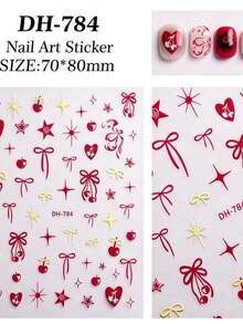 1pc/2pcs Christmas Winter New Embossed Nail Stickers, Red & Gold Cherry Heart Bow Star Nail Art Decals - Multicolor - View 1