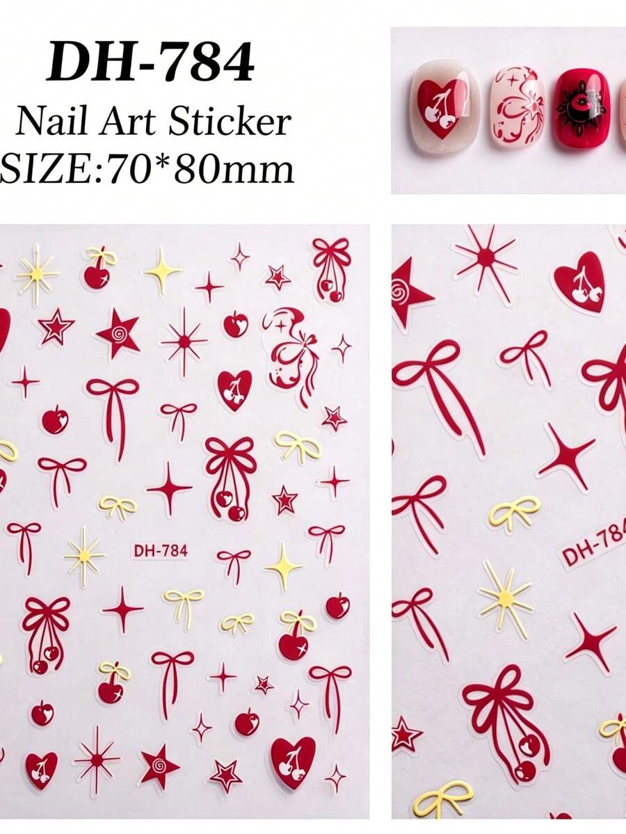 1pc/2pcs Christmas Winter New Embossed Nail Stickers, Red & Gold Cherry Heart Bow Star Nail Art Decals - Multicolor - View 1