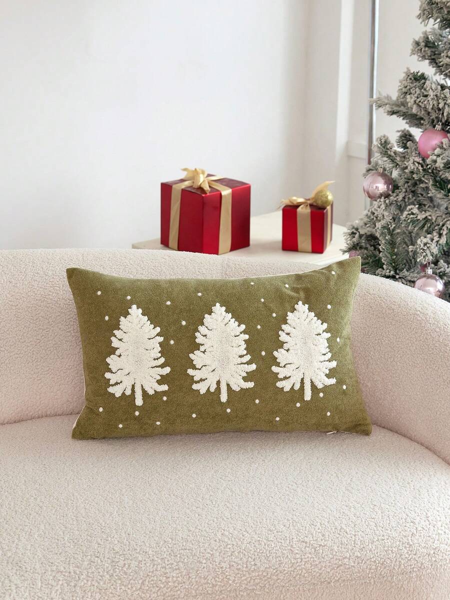 1pc Christmas Yellow Green Christmas Tree Embroidered Pillowcase, Suitable For Indoor Decoration, Christmas Decoration, All-Season Pillowcase, Without Insert